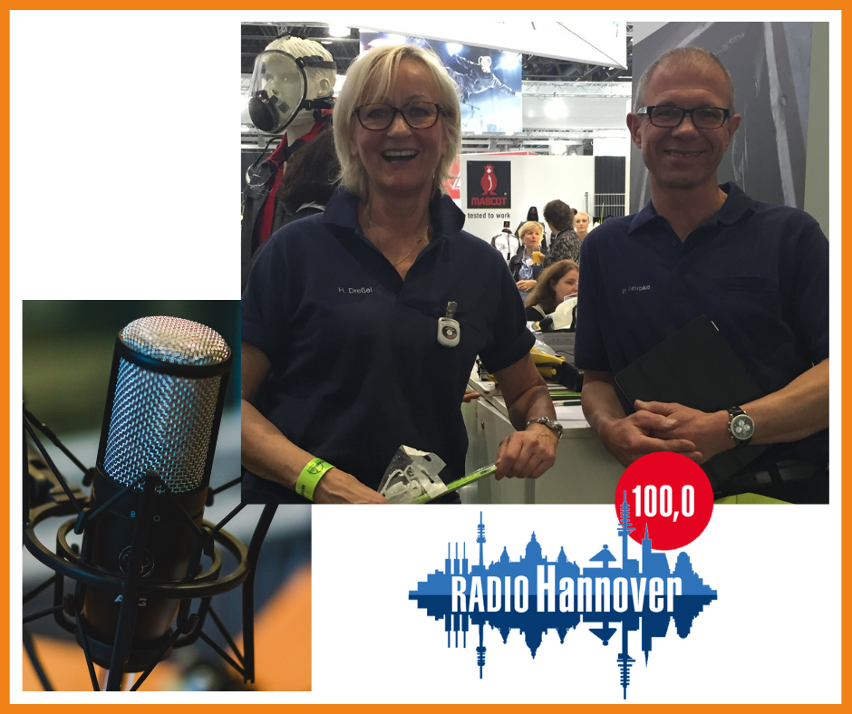 Herr Reupke und Frau Dreßel beim Interview mit Radio Hannover über Arbeitsschutz, Hans Albers und Textilleasing.