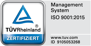 TÜV Rheinland zertifiziert: Management System ISO 9001:2015, ID 9105053268